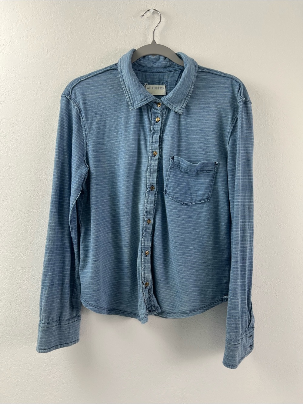 We The Free Blue Striped Cotton Costal Vacation Long Sleeve Button Down